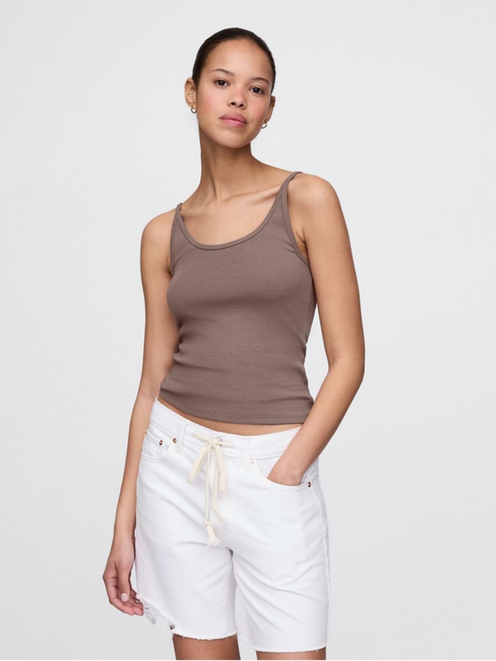 Classic Scoop Neck Ribbed Tank Top - Brown